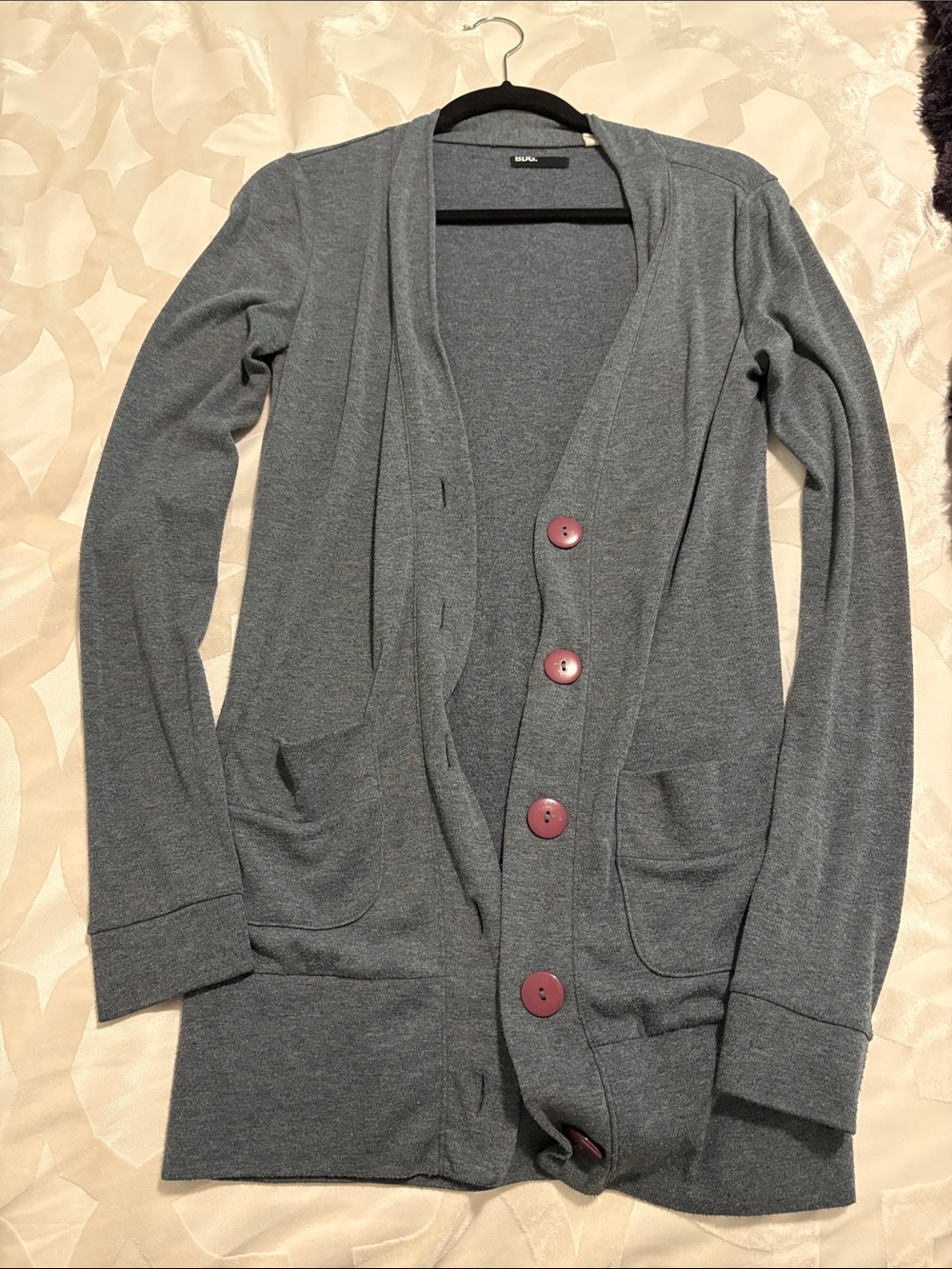 BDG Gray Long Cardigan with Maroon Buttons
